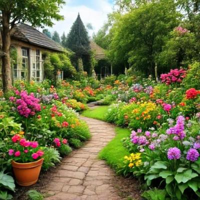 Beautiful Garden with Flowers and Tree-Filled House – Free Download