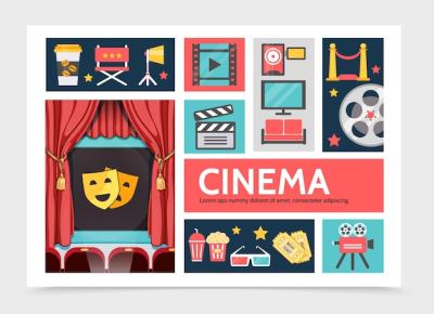 Flat Movie Infographic Concept Featuring Coffee, Soda, Popcorn, Filmstrip, Projector, and Cinema Screen – Free Download