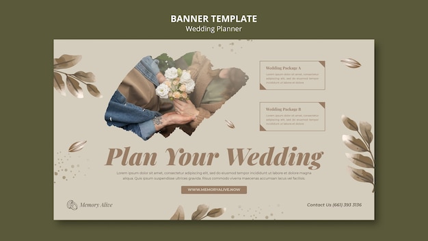 Wedding Planner Horizontal Banner Template with Watercolor Leaves – Free Download