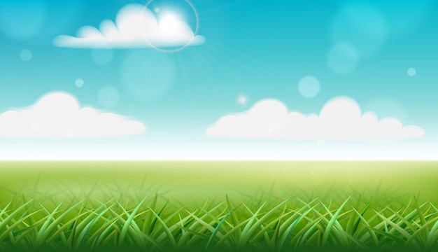 Vector Template of Green Grass and Blue Sky with Clouds – Free Download