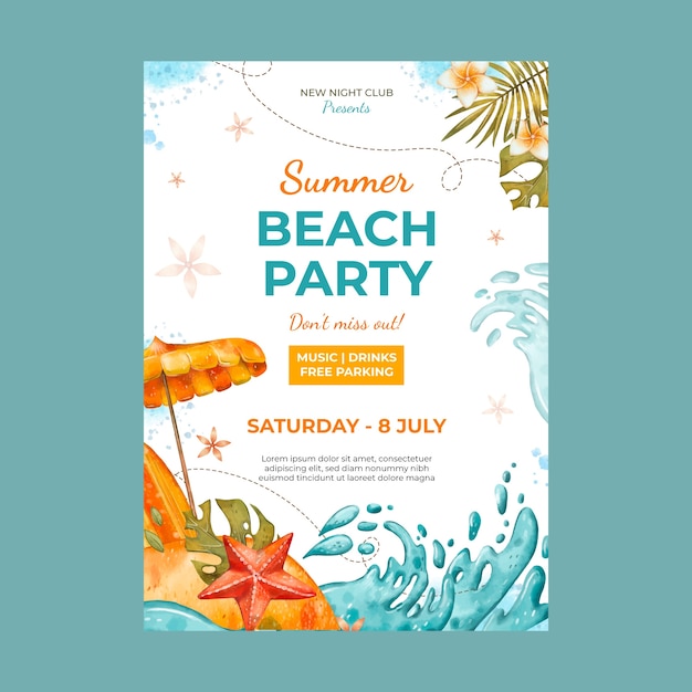 Watercolor Party Poster Template for Summer Fun – Free Download