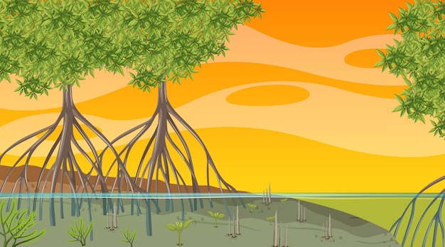 Nature Scene of Mangrove Forest at Sunset in Cartoon Style – Free Download