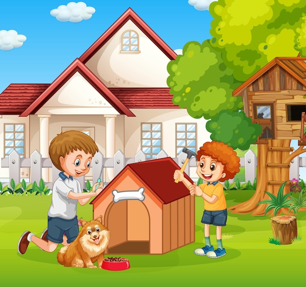 Dad and Son Building a Doghouse Together – Free Download