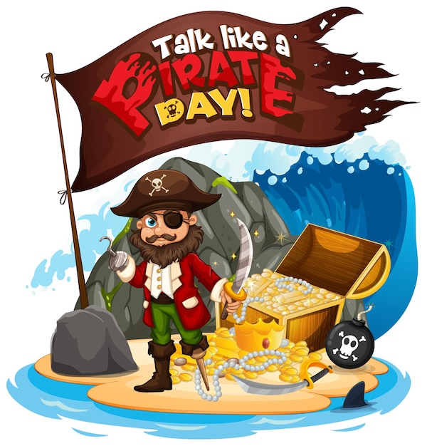 Talk Like A Pirate Day Font Banner Featuring a Pirate Cartoon Character – Free Download!