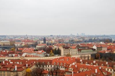 Stunning Wide Angle View of Prague’s Buildings Against a Cloudy Sky – Free Download