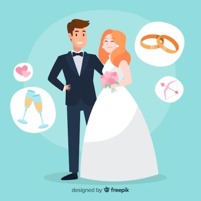 Hand-Drawn Wedding Couple with Ornaments – Free Download