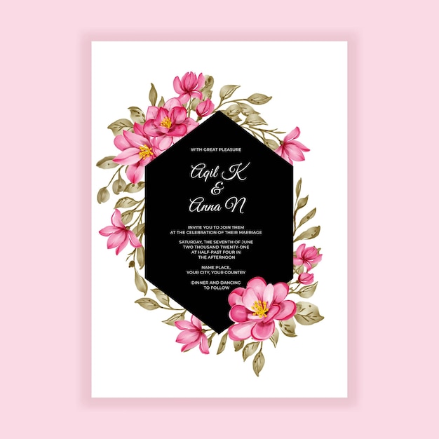 Romantic Pink Watercolor Flower Frame Wedding Invitation – Free Download