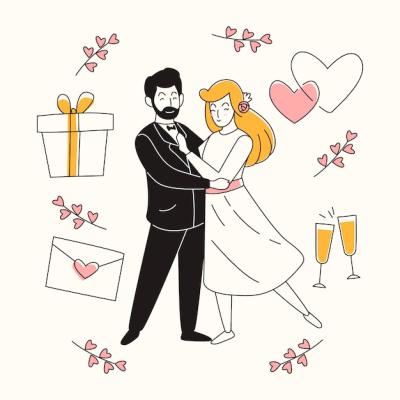 Hand Drawn Wedding Couples with Gifts and Hearts – Free Download