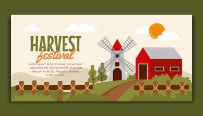 Flat Harvest Festival Celebration Horizontal Banner Template for Free Download