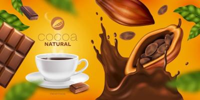 Realistic Vector Illustration of Natural Cocoa with Hot Chocolate and Cacao Pods – Free Download