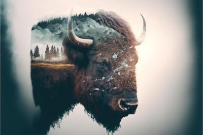 Male Bison Grazing on Grassland with Double Exposure Natural Background – Free Download