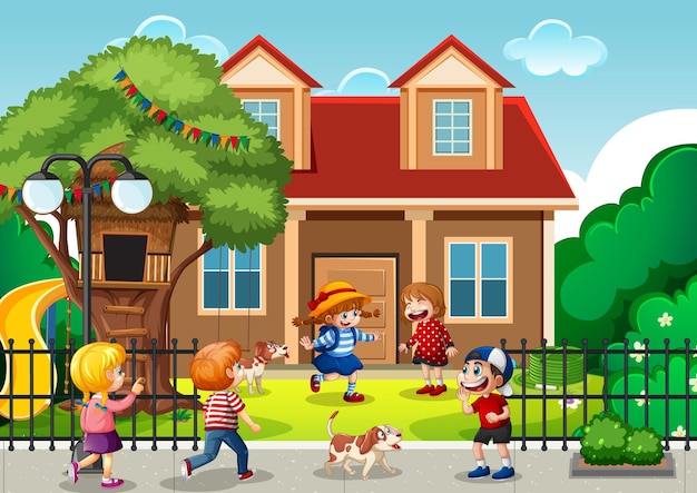 Outdoor Scene Featuring Children Playing in Front of a House – Free Download