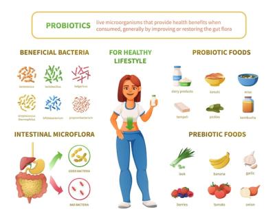 Probiotics Infographics and Cartoon Set Featuring Female Character and Intestinal Microflora Icons – Free Download