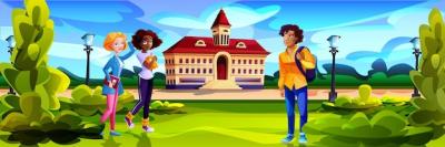 Cartoon Students in Front of College Campus Building – Free Stock Photo, Download for Free