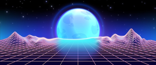 Retro Synthwave Background with Grid Mountain and Moon – Free Stock Photo for Download