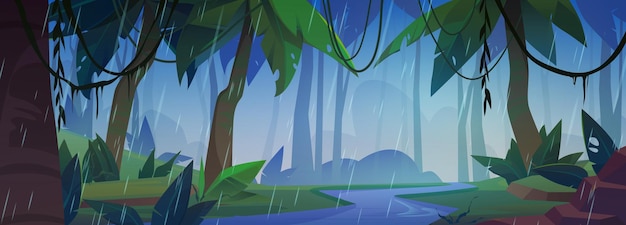 Fantasy Forest Rain Vector Background – Spooky Jungle Landscape with Tropical Elements for Free Download