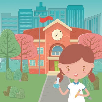 Cartoon Girl and School Building Vector Template – Free Download