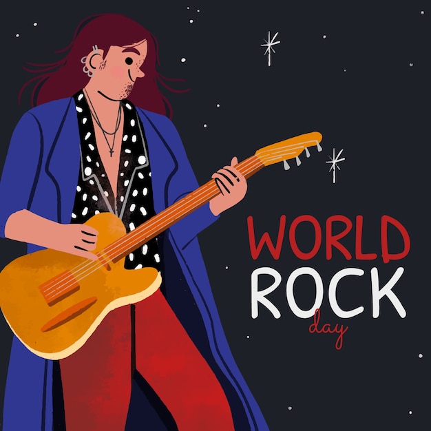 World Rock Day Hand Drawn Illustration Featuring Musician with Guitar – Free Download