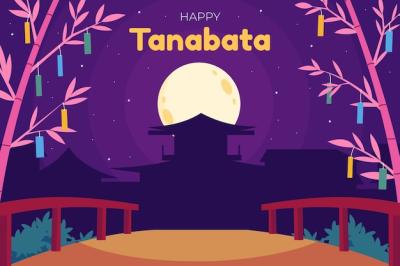 Flat Tanabata Background with Full Moon and Bridge – Free Download