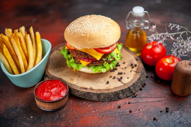 Meat Burger and French Fries on Dark Desk – Free to Download