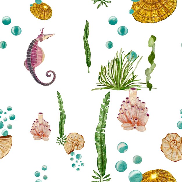 Sea Horse Shell and Coral Pattern Watercolor Illustration – Free Download