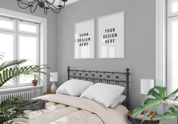 Double Vertical Frames Mockup in a Farmhouse Bedroom – Free Download