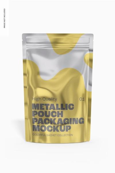 Metallic Pouch Packaging Mockup, Front View – Free to Download