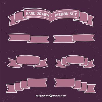 Hand Drawn Pink Ribbon Set in Vintage Style – Free Download