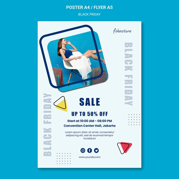 Black Friday Vertical Poster Featuring Woman and Triangles – Free to Download