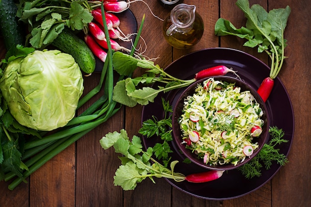 Vitamin-Packed Salad of Young Vegetables: Cabbage, Radish, Cucumber, and Fresh Herbs – Free Stock Photo for Download