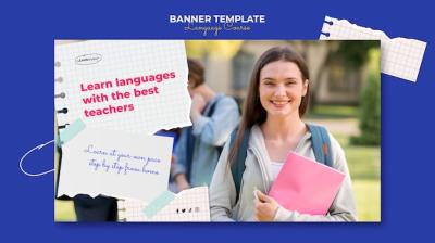 Language Classes Horizontal Banner Template Featuring Notebook Pages – Free Download