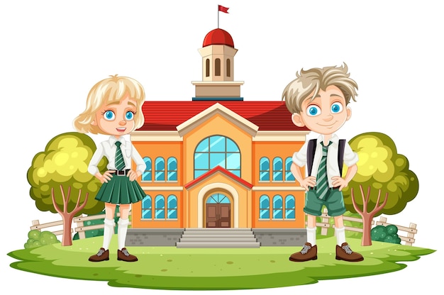 Happy Schoolchildren Outside School Building – Free Download