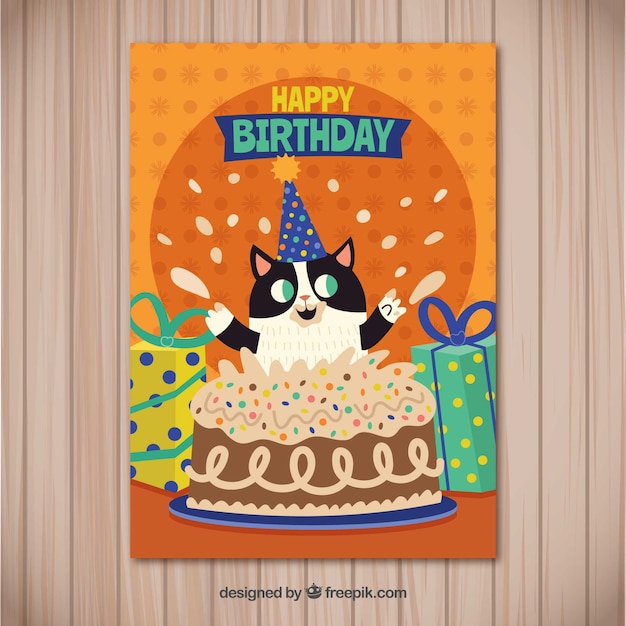 Happy Birthday Card Featuring a Cute Cat in Flat Style – Free Download