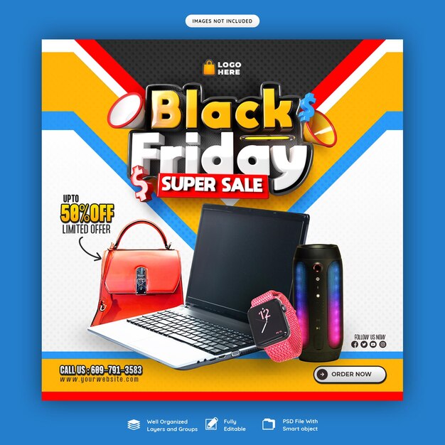 Black Friday Super Sale Social Media Banner Template with 3D Render Label – Free Download