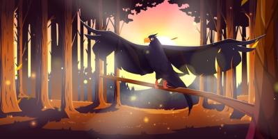 Coniferous Forest at Sunset with Black Raven – Free Download