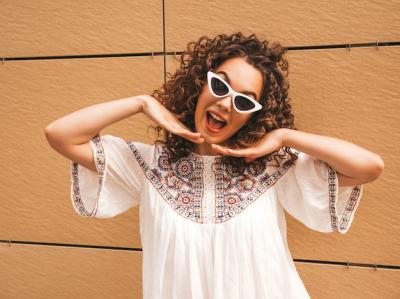 Beautiful Smiling Model in Summer Hipster Dress with Afro Curls – Free Download