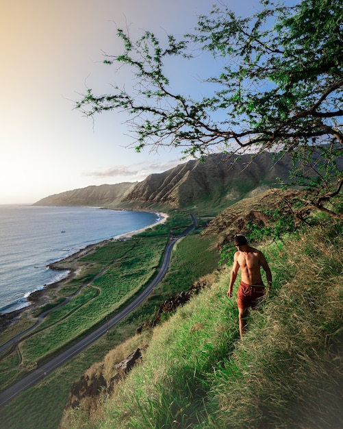 Stunning Landscape of a Male Walking on a Steep Green Hill by the Sea – Free Stock Photo, Download Free