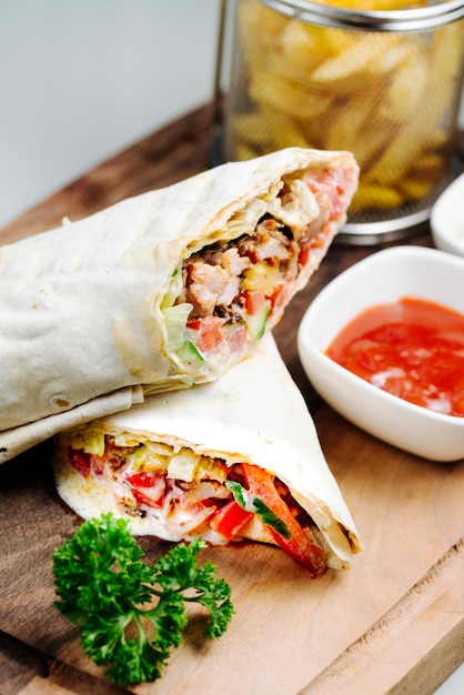 Delicious Doner Wrapped in Lavash with Fries and Ketchup – Free Stock Photo, Download for Free