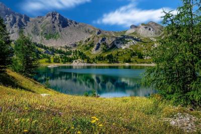 Mountain Lake Under a Cloudy Blue Sky – Free Stock Photo Download