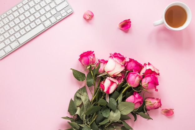 Roses Bouquet with Tea Cup and Keyboard – Free Stock Photo for Download