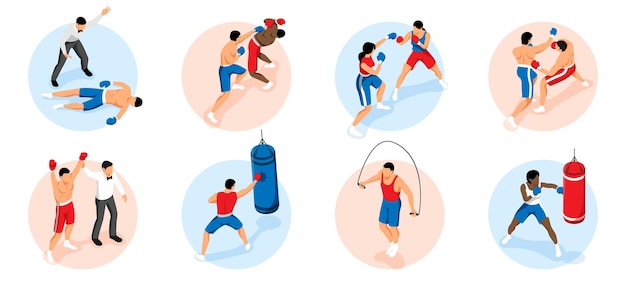 Isometric Boxing Set Featuring Dynamic Fight Scenes of Men and Women – Free Download