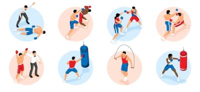 Isometric Boxing Set Featuring Dynamic Fight Scenes of Men and Women – Free Download