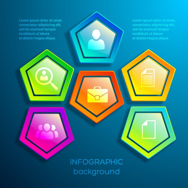 Colorful Digital Infographics Featuring Glossy Hexagons and Business Icons – Free Download