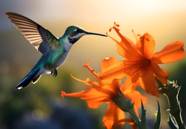 Violet Sabrewing Hummingbird Captured in Flight Among Tropical Flowers – Free Stock Photo for Download