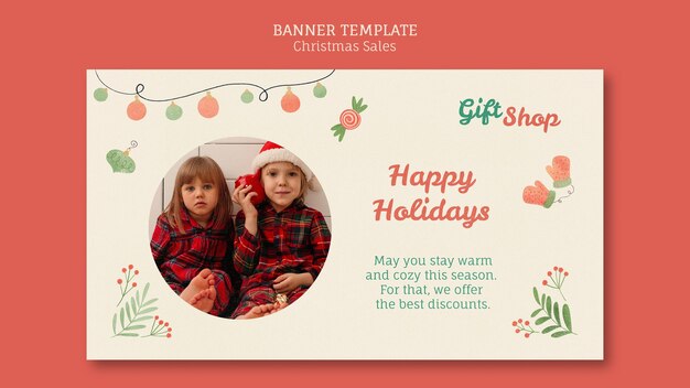 Christmas Sale Horizontal Banner Template Featuring Children – Free Download