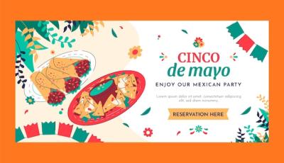 Flat Cinco de Mayo Horizontal Banner Template Featuring Tacos and Burritos – Free Download