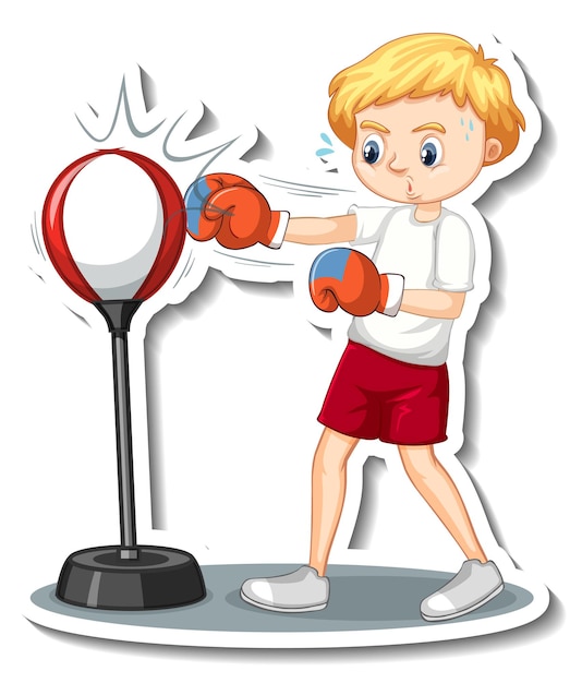 Sticker Design Featuring a Cartoon Boy with a Punching Bag – Free Download