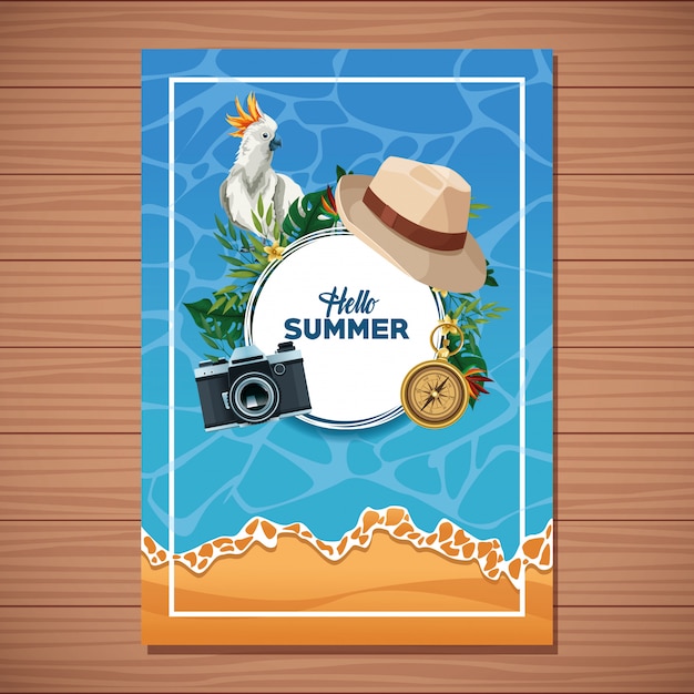 Hello Summer Card on Wooden Background – Free Download