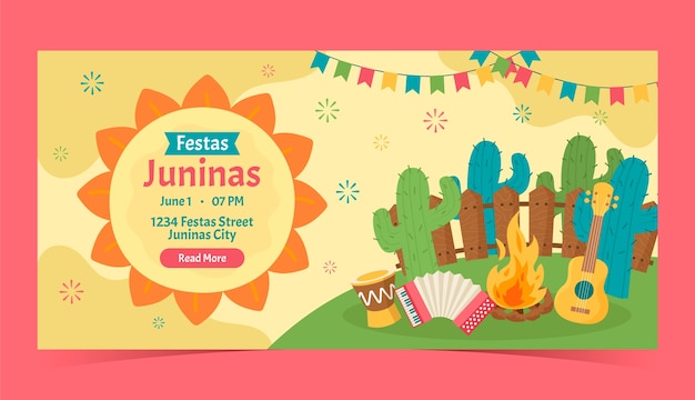 Flat Horizontal Banner Template for Brazilian Festas Juninas Celebrations – Free Download