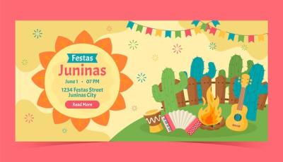 Flat Horizontal Banner Template for Brazilian Festas Juninas Celebrations – Free Download